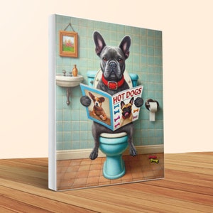 Lienzo con diseño de bulldog francés en el inodoro, decoración divertida para el baño, regalo para amantes de las mascotas. imagen 7