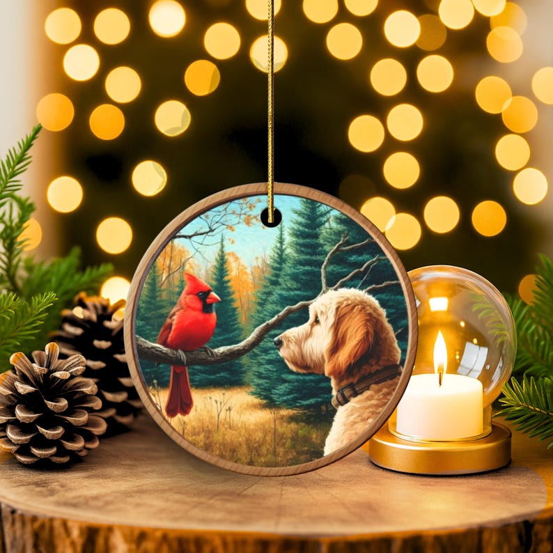 Ornamento de cerâmica com cardeal e cachorro Goldendoodle, estilo pintura a óleo. imagem 1