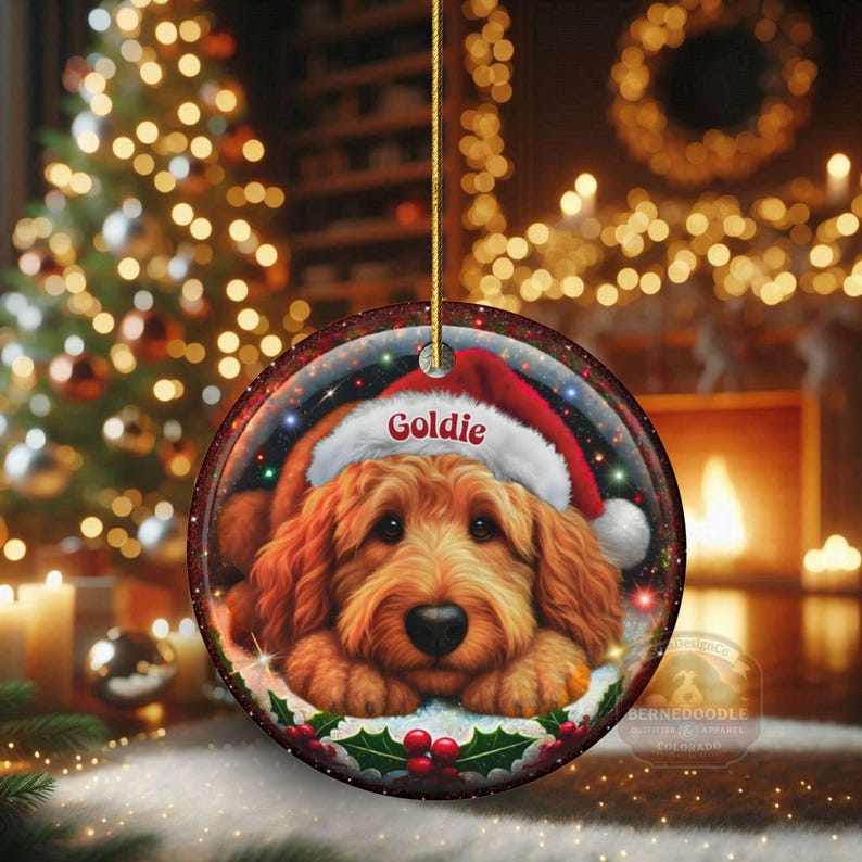 Ceramic golden doodle goldendoodle doodle dog ornament with impressive snow globe style design on both sides.  Excellent doodle mom gift.  Goldendoodle holiday heirloom gift and Christmas Tree Ornament!