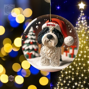 Clay-mation style bernedoodle dog inside of a snowglobe.