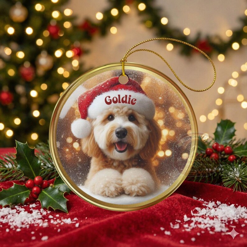 Keramik-Weihnachtsmannmütze, personalisierter Goldendoodle-Weihnachtsbaumschmuck | Sublimationsdruck | 7,6 cm (3 Zoll) Baumdekoration, individuelles Haustier-Andenken, Weihnachtsgeschenk Bild 7