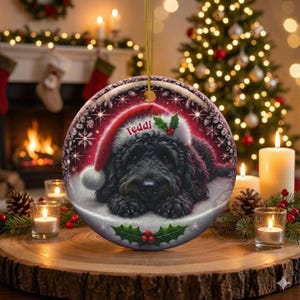 May include: A round Christmas ornament featuring a black dog wearing a Santa hat with the name "Teddi". The ornament has a red and white border with snowflakes and holly. The background includes a Christmas tree and candles.