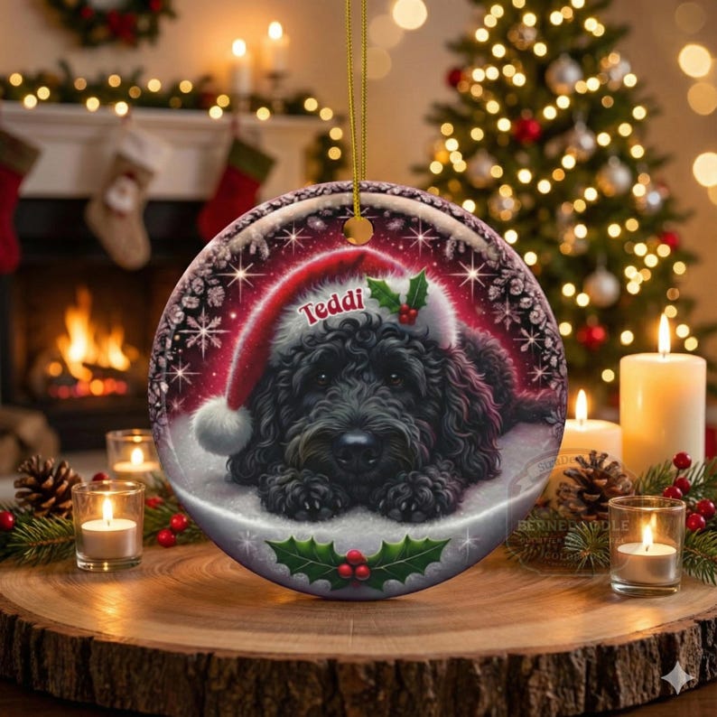 May include: A round Christmas ornament featuring a black dog wearing a Santa hat with the name "Teddi". The ornament has a red and white border with snowflakes and holly. The background includes a Christmas tree and candles.