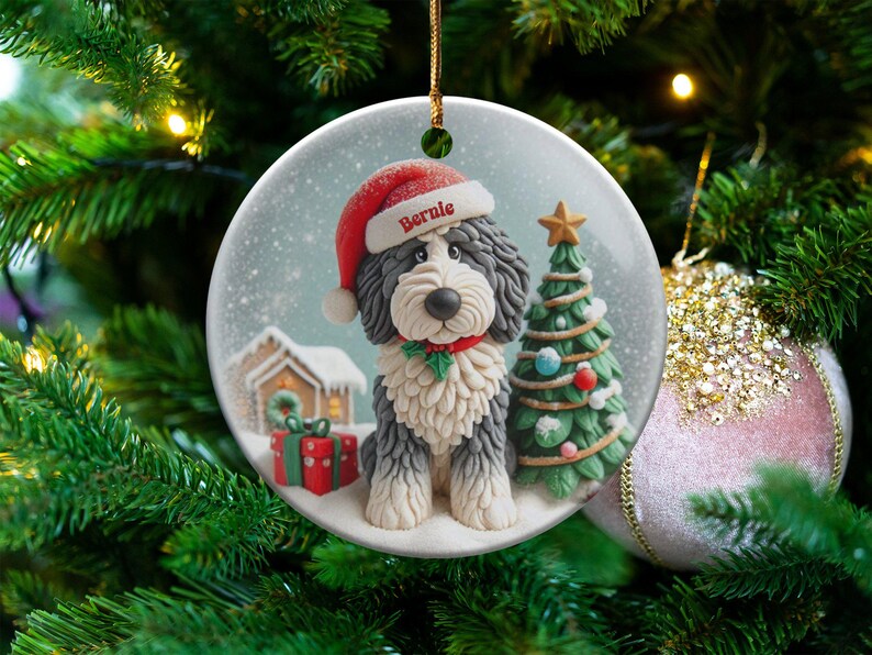 Custom Dog Ornament, Sheepadoodle Keepsake Shiny Flat | Sublimation | 3 Inch Ceramic Gift image 3