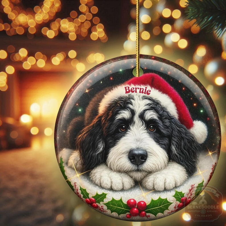 May include: Round Christmas ornament featuring a Bernedoodle dog wearing a Santa hat. The dog has black and white fur and is lying on a bed of holly. The name "Bernie" is printed on the hat.