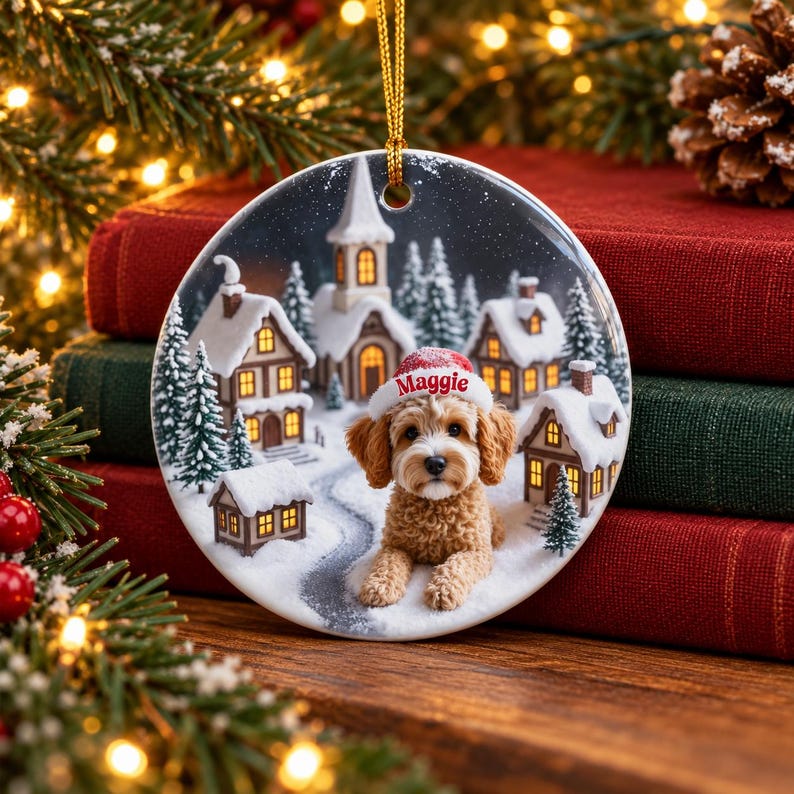 May include: A round ceramic Christmas ornament featuring a golden-brown curly-haired dog wearing a white Santa hat with the name Maggie printed in red. The background depicts a snowy village scene with houses and pine trees at night.