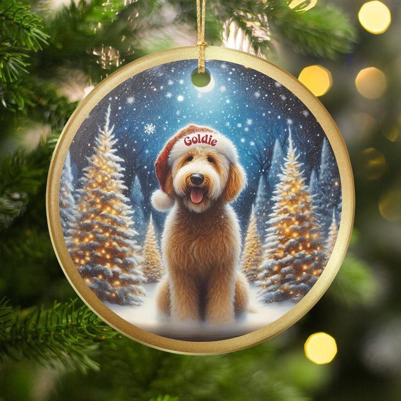 Christmas dog ornament, Santa hat dog decoration, personalized pet holiday decor, golden retriever tree ornament, custom gift