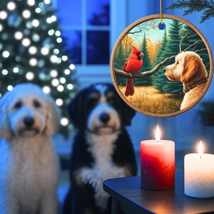 Ornamento de cerâmica com cardeal e cachorro Goldendoodle, estilo pintura a óleo. imagem 14