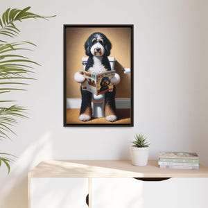 Framed Bernedoodle Toilet Portrait - Dog Reading Magazine, Bathroom Wall Art image 5