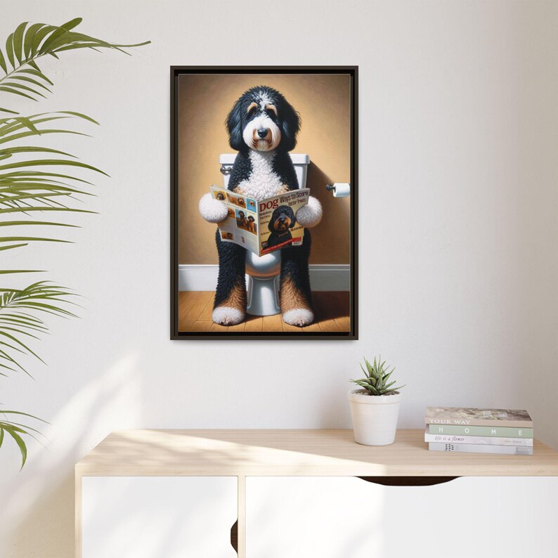 Framed Bernedoodle Toilet Portrait - Dog Reading Magazine, Bathroom Wall Art image 5