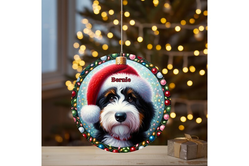 Sweet bernedoodle on his first Christmas with his personalized Santa hat on!
