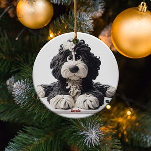 Bernedoodle Ornament, Dog Lover Gift | Sublimation Ceramic | Two-Sided Keepsake, Black White Illustration image 3