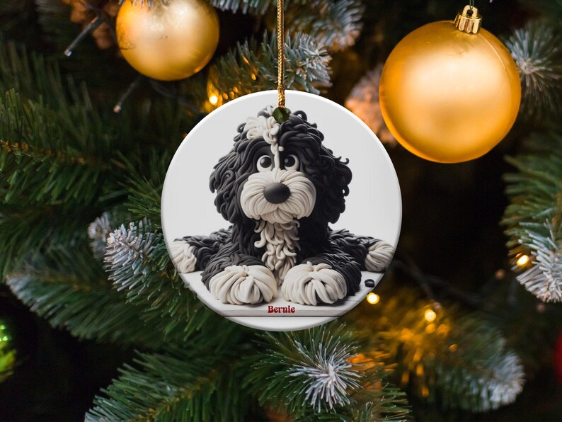 Bernedoodle Ornament, Dog Lover Gift | Sublimation Ceramic | Two-Sided Keepsake, Black White Illustration image 3