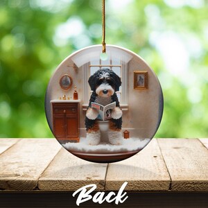 Funny Doodle Dog Toilet Scene Ceramic Ornament, Dog Bathroom Art, Pup Restroom Gifts, Bernedoodle reading a Magazine, Trendy Dog Person Gift