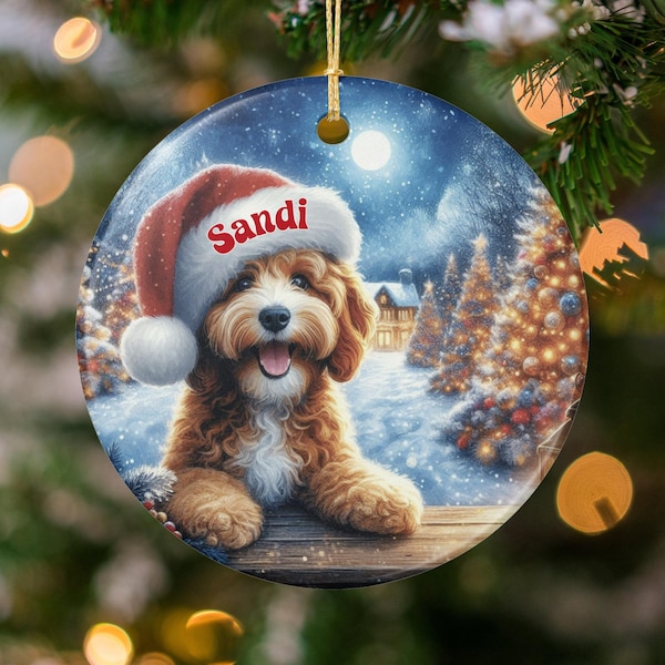 Goldendoodle Santa, Personalized Hat Ceramic Ornament | Sublimation Printed | Two-Sided Custom Holiday Decor