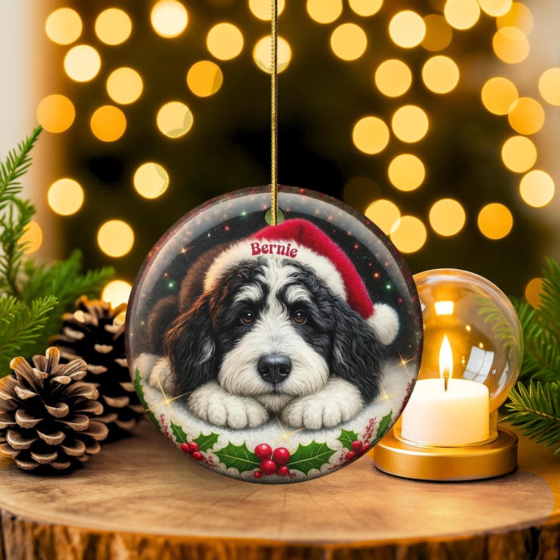 May include: Round Christmas ornament featuring a black and white dog wearing a Santa hat with the name "Bernie". The ornament has a gold string for hanging and is decorated with holly and berries. Festive holiday decor.