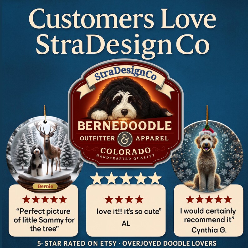 K&ouml;nnte beinhalten: Eine Werbegrafik f&uuml;r StraDesignCo mit einem zentralen Logo und einer Bernedoodle-Illustration, flankiert von zwei runden Ornamenten. Ein Ornament zeigt einen Hund und ein Reh in einem verschneiten Wald, das andere einen Hund mit Weihnachtsm&uuml;tze.