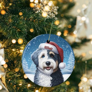 Merle Bernedoodle Ceramic Ornament, showcasing stunning blue eyes. Personalized ornament with your dogs name