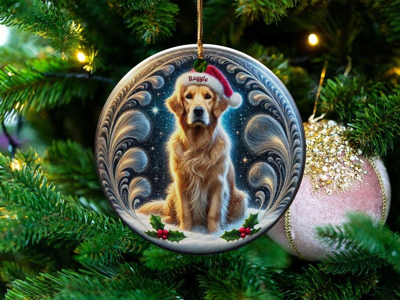 Golden Retriever Christmas Ornament, Holiday Tree Decor | Sublimation Flat Ceramic | Two Sided Print, Pet Lover Gift image 6