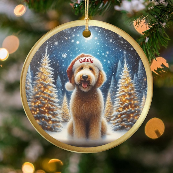 Custom Dog Ornament, Goldendoodle Santa Hat Keepsake | Sublimation Ceramic | Two-Sided Holiday Decor, Personalized Name Gift