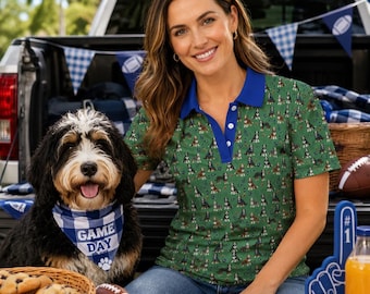 Green and Blue Football Themed Bernedoodle Polo - Dog Lover Polo Shirt
