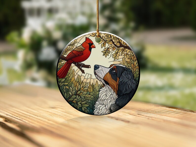Cardinal and Bernese Mountain Dog Ceramic Ornament, Oil Paint Style Design, Cardinal Lovers Gift, Mothers Day, Bird Lovers, Custom Bird and Dog Gift