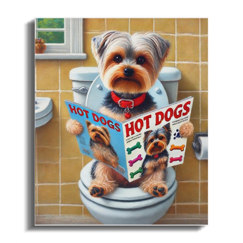 Humoristisk canvastavla med Yorkshire terrier-motiv: Rolig badrumsdekoration för hundälskare bild 7