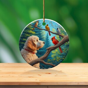 Keramikornament mit Kardinal und Goldendoodle, Design im Ölgemälde-Stil, Geschenk für Kardinalliebhaber, Muttertag, Vogelliebhaber, Geschenk für Doodle-Mütter Bild 8