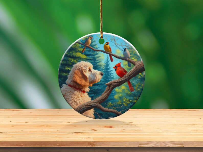 Keramikornament mit Kardinal und Goldendoodle, Design im Ölgemälde-Stil, Geschenk für Kardinalliebhaber, Muttertag, Vogelliebhaber, Geschenk für Doodle-Mütter Bild 8