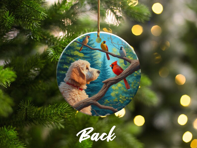Keramikornament mit Kardinal und Goldendoodle, Design im Ölgemälde-Stil, Geschenk für Kardinalliebhaber, Muttertag, Vogelliebhaber, Geschenk für Doodle-Mütter Bild 9