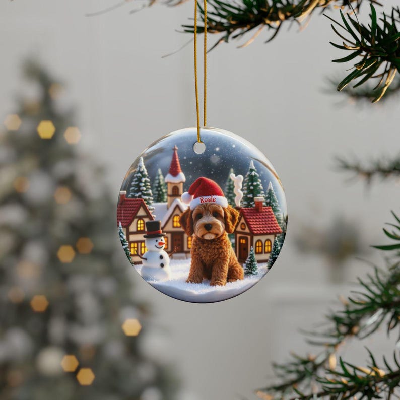 Merry Christmas Dog and Snowman Ornament, Winter Village Scene Decoration, Festive Holiday Decor, Christmas Tree Hanging Decor