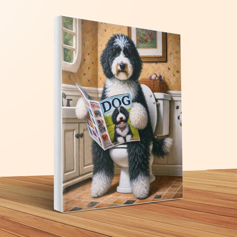 Grappige Bernedoodle op het toilet, canvas, badkamerkunst voor hondenliefhebbers (20x24) afbeelding 4