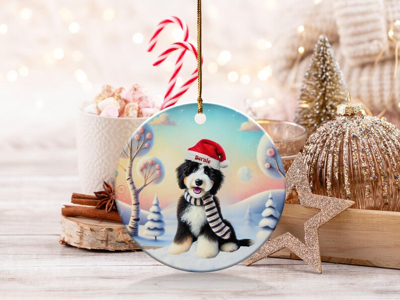Bernedoodle Ornament, Personalized Ceramic Keepsake | Sublimation Christmas Tree Charm | Dog Lover Gift Gold String imagen 9