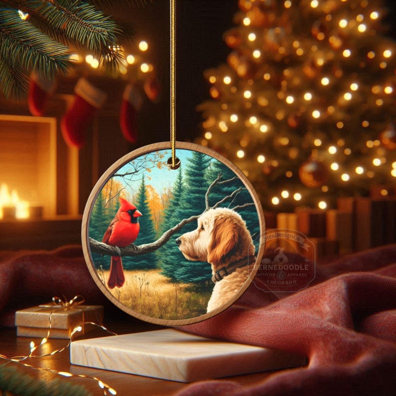 Ornamento de cerâmica com cardeal e cachorro Goldendoodle, estilo pintura a óleo. imagem 9