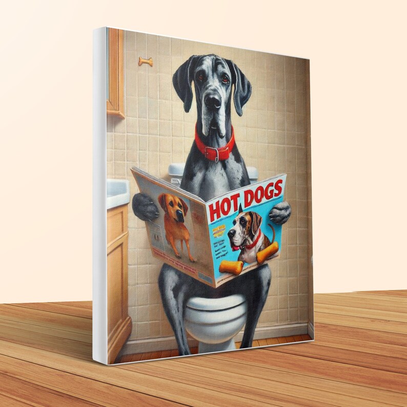 Funny Great Dane Toilet Canvas, Hilarious Dog Bathroom Art image 1