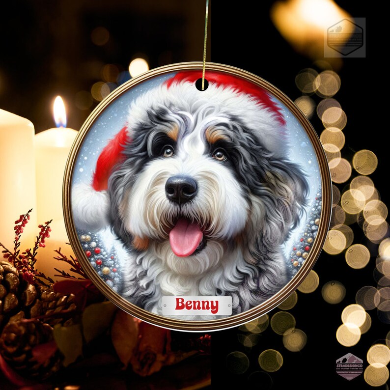 Merle Bernedoodle Fade with Hazel Eyes in a Christmas Ornament - Personalized with Your Dog's Name