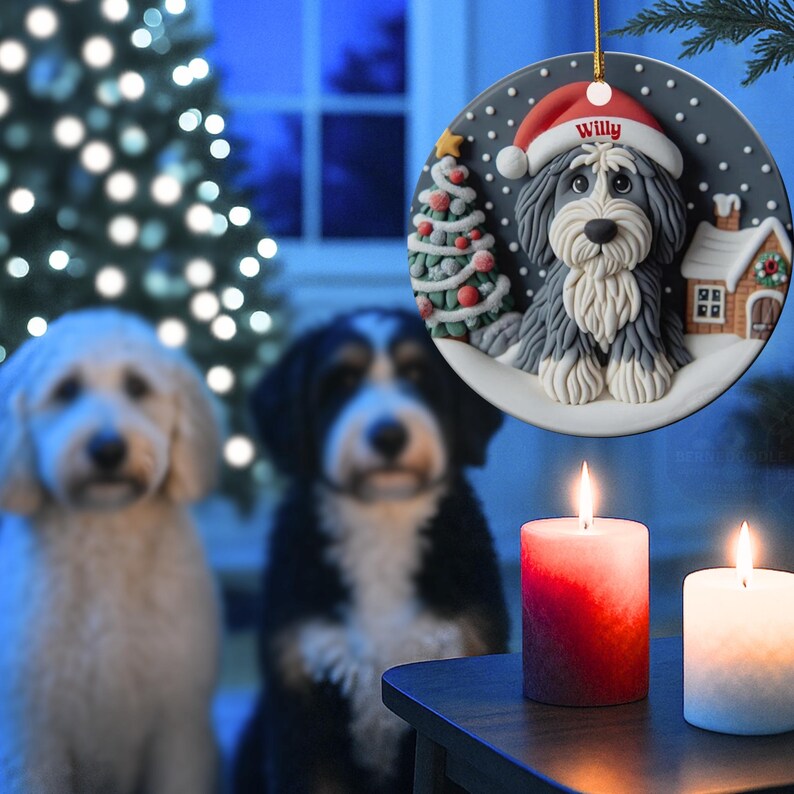 Christmas dog sheepadoodle ceramic ornament hanging on display in the Christmas living room!  Cute santa hat puppy decor, personalized pet ornament, holiday tree decoration, custom dog gift, festive pet decor.  Doodle lover Christmas decoration for Sheepadoodle Sheepa Doodle Moms!