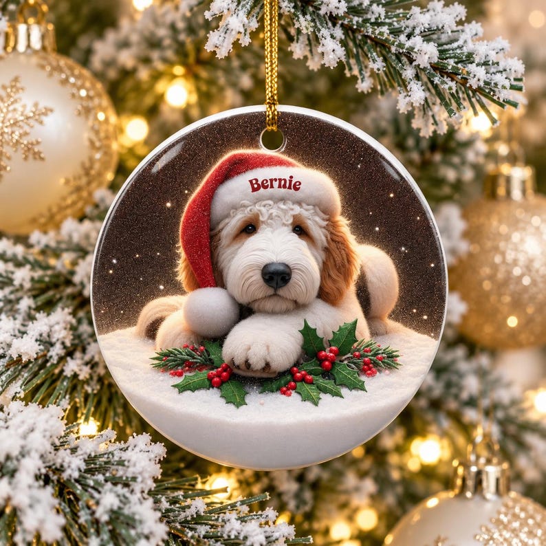 May include: A round ceramic Christmas ornament featuring a fluffy white and tan dog wearing a red Santa hat with the name Bernie printed on the brim. The dog rests on a snowy surface decorated with green holly leaves and red berries.