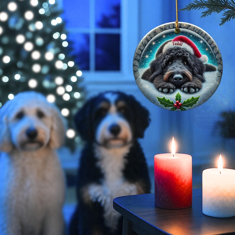 Black goldendoodle ceramic ornament with two sided design.  Black golden doodle , black bernedoodle dog decor.