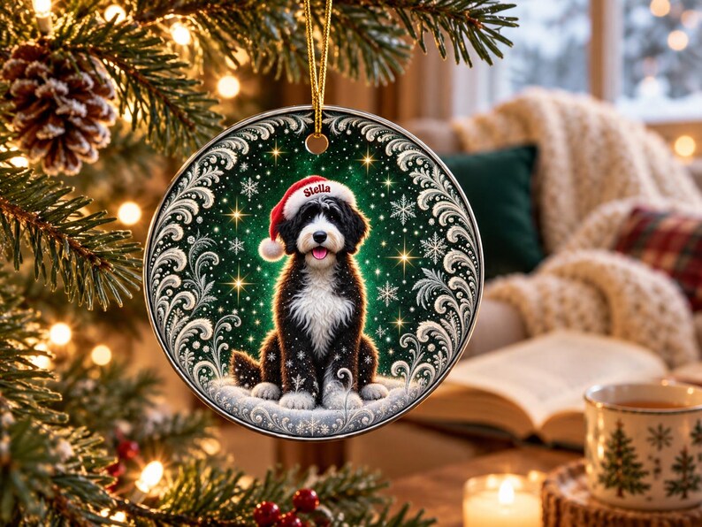 May include: A round ceramic Christmas ornament featuring a black and white Bernedoodle dog wearing a red Santa hat with the name Stella printed on the brim. The dog sits against a dark green background with white snowflakes and gold stars.