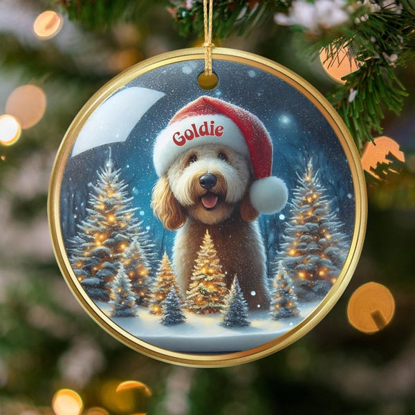 Custom Dog Keepsake, Goldendoodle Ornament - Holiday Doodle Decor, Two-Sided Sublimation Ceramic, Personalized Name Gift