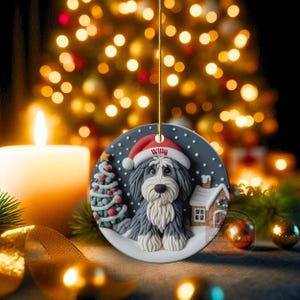Christmas dog sheepadoodle ceramic ornament hanging on display in the Christmas living room!  Cute santa hat puppy decor, personalized pet ornament, holiday tree decoration, custom dog gift, festive pet decor.  Doodle lover Christmas decoration for Sheepadoodle Sheepa Doodle Moms!