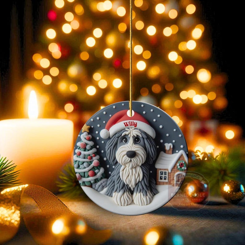 Christmas dog sheepadoodle ceramic ornament hanging on display in the Christmas living room!  Cute santa hat puppy decor, personalized pet ornament, holiday tree decoration, custom dog gift, festive pet decor.  Doodle lover Christmas decoration for Sheepadoodle Sheepa Doodle Moms!