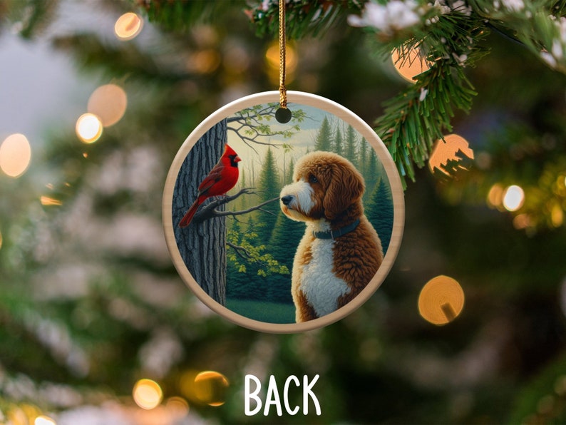 Cardinal and Goldendoodle Ceramic Ornament, Oil Paint Style Design, Cardinal Lovers Gift, Mothers Day, Bird Lovers, Doodle Dog Mom Gifts