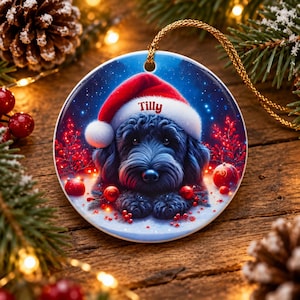 May include: A round ceramic Christmas ornament featuring a black dog wearing a red and white Santa hat with the name Tilly printed in red. The background shows a snowy scene with red berries and glowing lights, suspended by a gold cord.