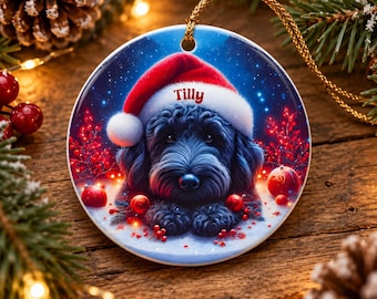 Black Doodle Dog Wearing a Santa Hat Christmas Ornament Two Sided Personalized Ceramic Ornament