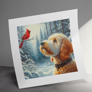 Bernedoodle- und Kardinal-Winter-Leinwandbild, Geschenk für Hundeliebhaber Bild 10