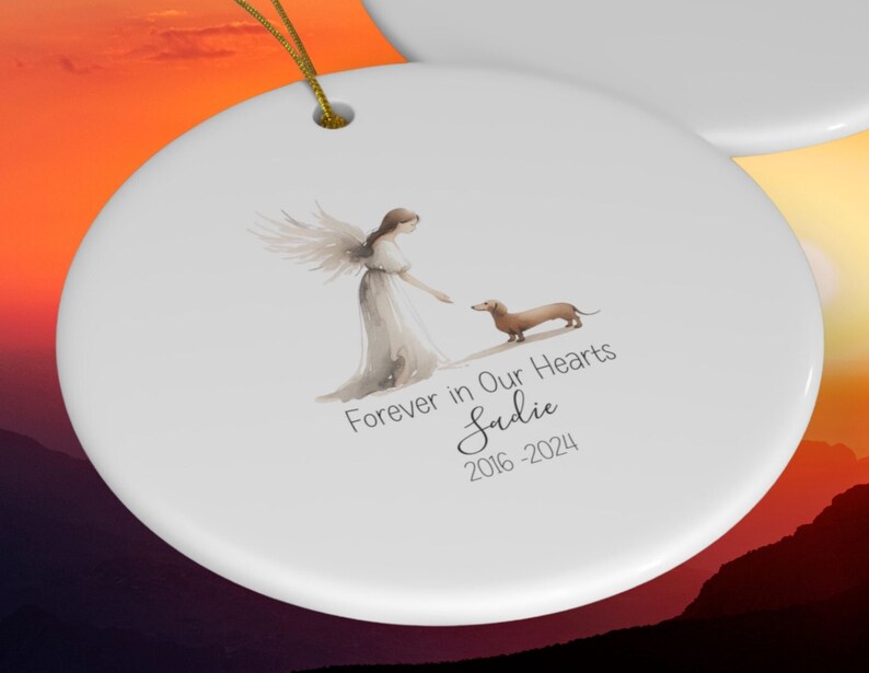 Personalized Doxie Dachshund Tribute ornament, Memorial Watercolor Design, Pet's Name Gift, Custom Pet Name Gift, Personalized Pet Tribute Ceramic Ornament, Pet Loss Gift