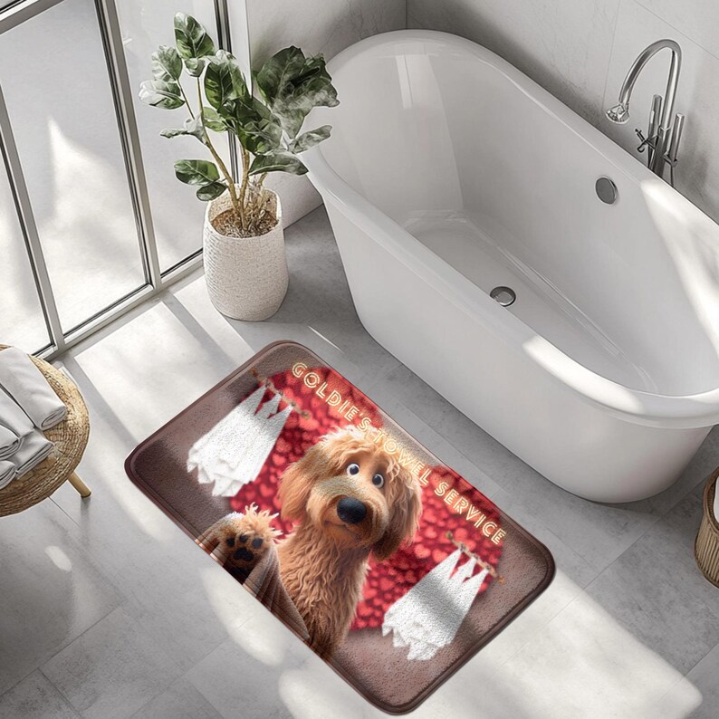 A cute golden doodle stands in front of a fluffy red heart backdrop, holding a brown towel on a cozy bath mat. White towels hang on either side, creating a spa-like feel. The text “Goldie’s Towel Service” sits above the doodle. Perfect for dog lovers, bathroom décor, and pet-themed home accents.