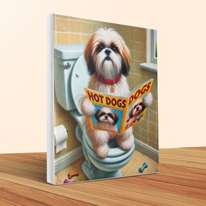 Funny Shih Tzu Dog On Toilet Canvas, Bathroom Decor, Pet Lover Gift image 4